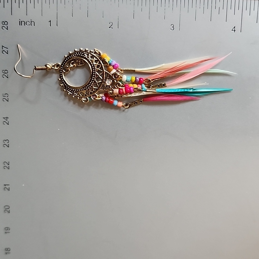 Boho BRONZE DANGLE FEATHER WINDCATCHER EARRINGS - Picture 2 of 2